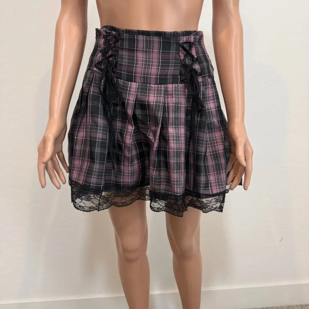 Romwe small schoolgirl plaid lace tie mini skirt cosplay SK 3467